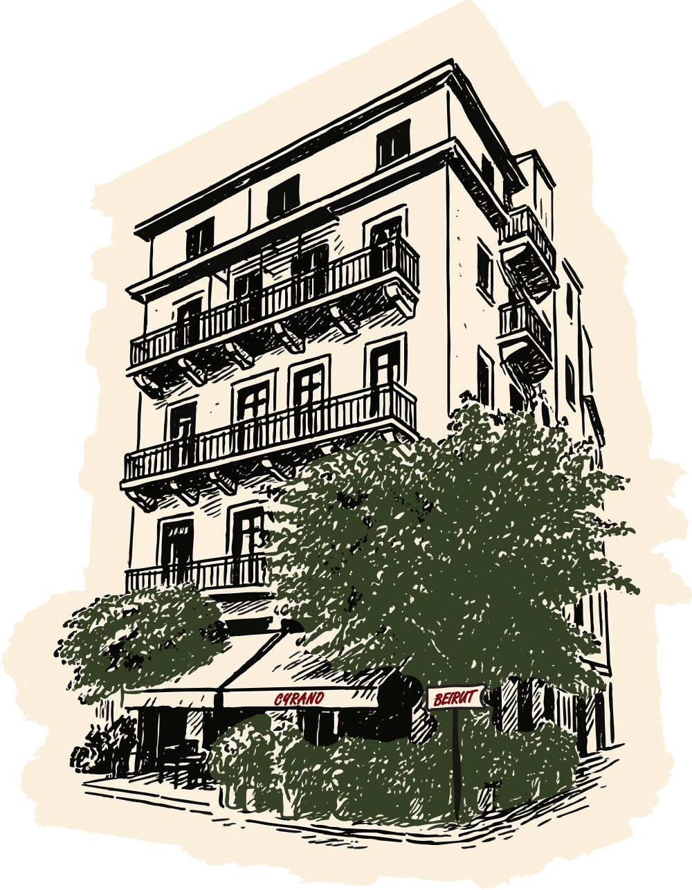 Illustration of the original Cyrano building on Rue Pasteur, Beirut