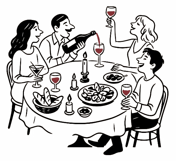 Illustration of friends sharing wine and food around a table