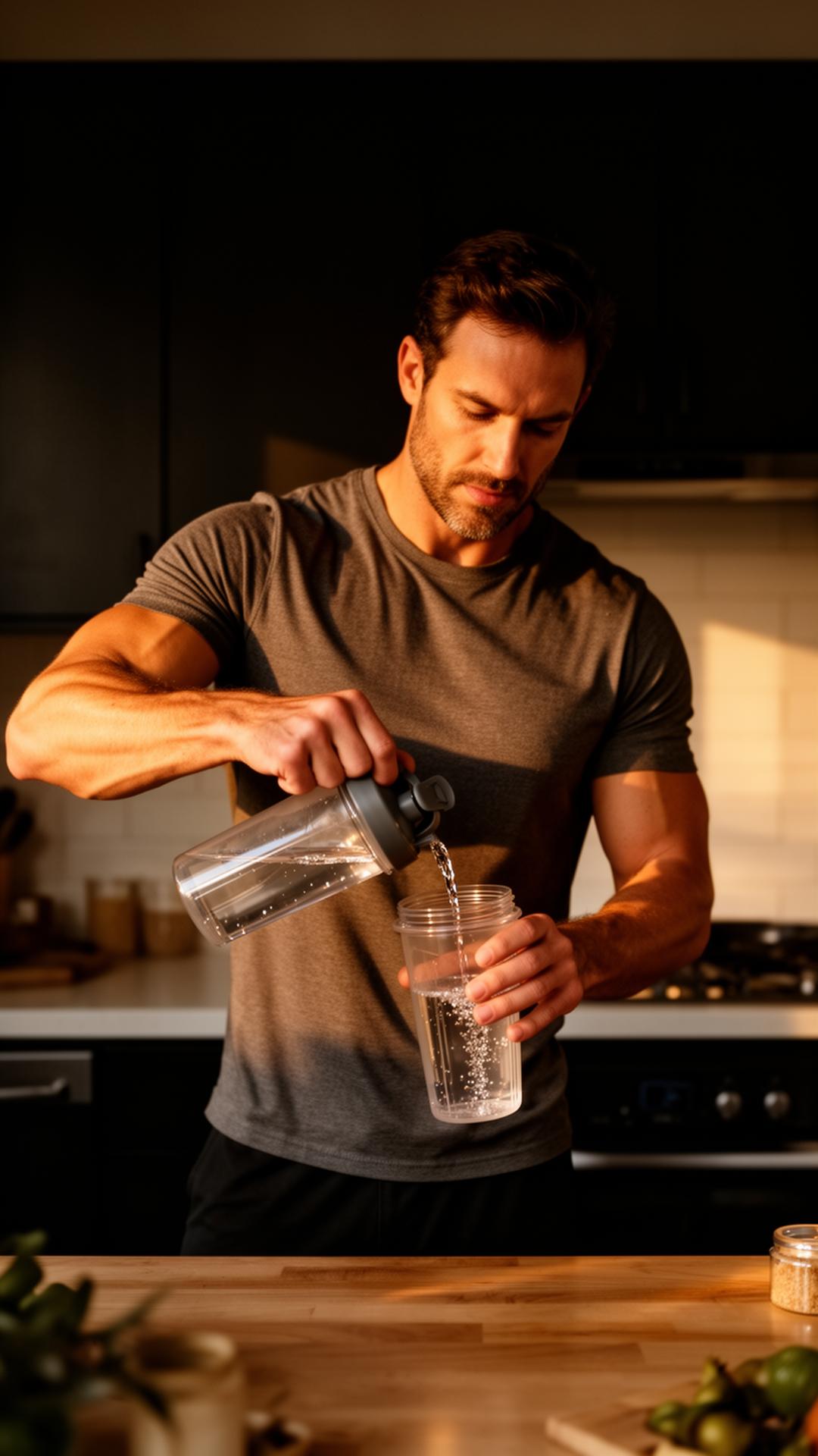 Hands mixing Saheer supplement into a glass during a morning routine